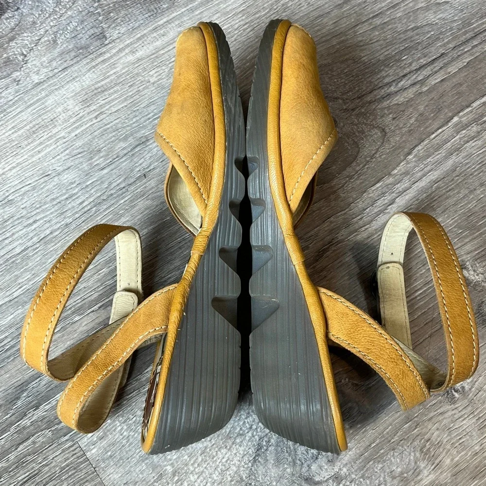 Fly London Yellow Leather‎ Wedge Peep Toe Ankle Strap Sandals EU 38 US 7.5